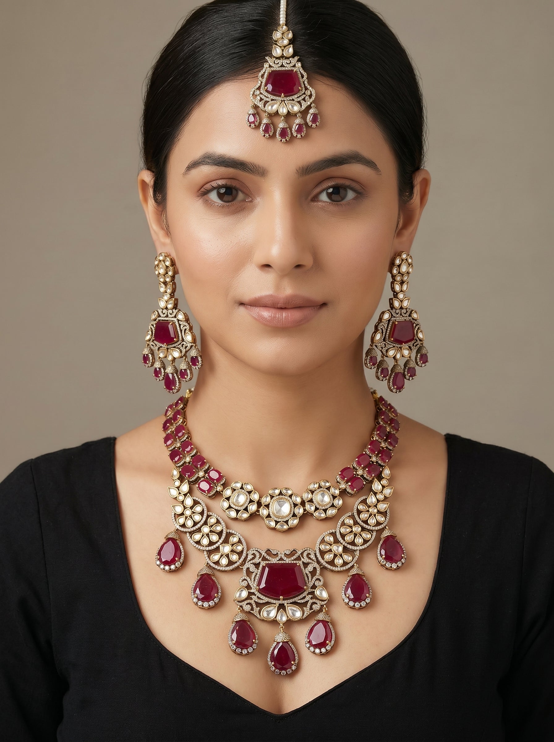 VEDA — Ruby Kundan Double Layer Set