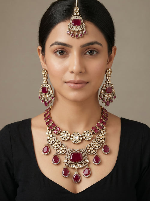 VEDA — Ruby Kundan Double Layer Set
